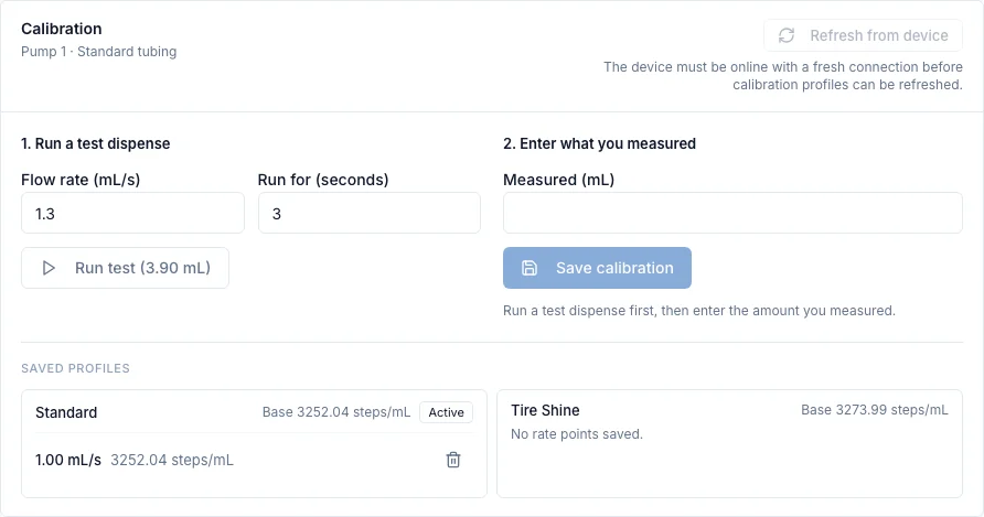 Calibration card on dozalink.com for Pump 1: Run a test dispense, Enter what you measured, and the pump's saved Standard and Tire Shine profiles.