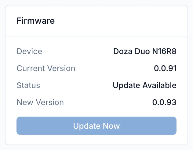Firmware card on dozalink.com showing Current Version, Status: Update Available, New Version, and the Update Now button.