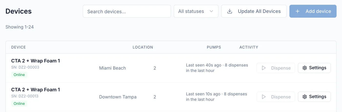 Devices list on dozalink.com with device names, serial numbers, locations, Online status, recent activity, and Dispense and Settings buttons.