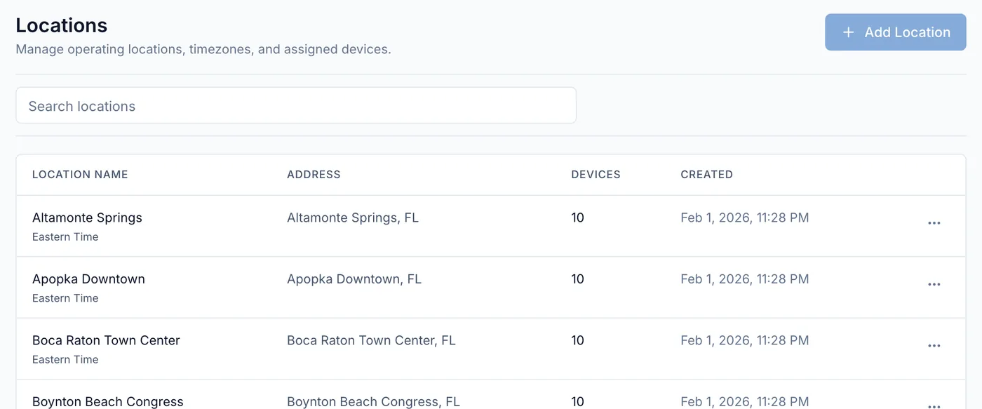 Locations page listing sites with their time zone, device count, creation date and address.