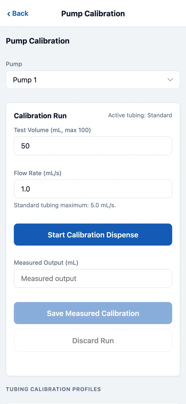Pump Calibration page with Pump 1, Test Volume 50, Flow Rate 1.0, the Start Calibration Dispense button, and the Measured Output field.