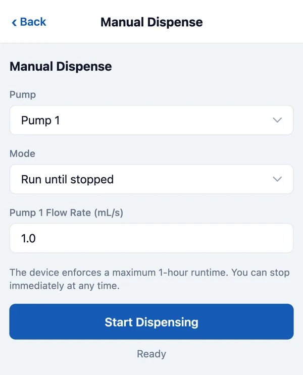 Manual Dispense page with Pump 1 selected, Mode set to Run until stopped, and the Start Dispensing button.