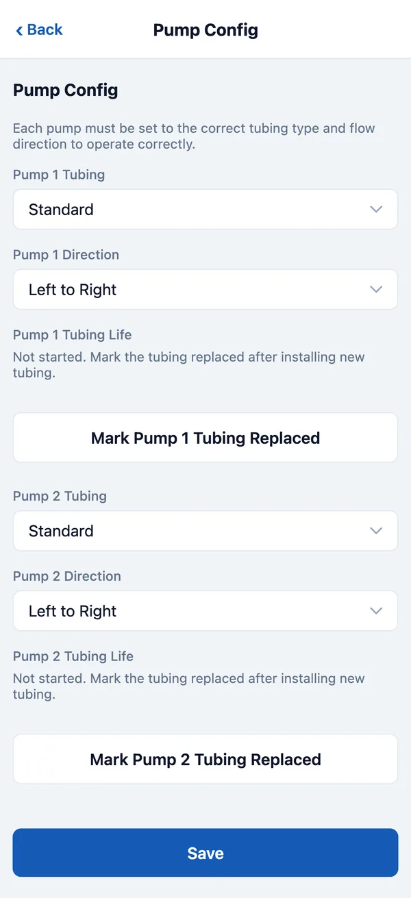 Pump Config page with tubing and direction for Pump 1 and Pump 2, and the Save button.