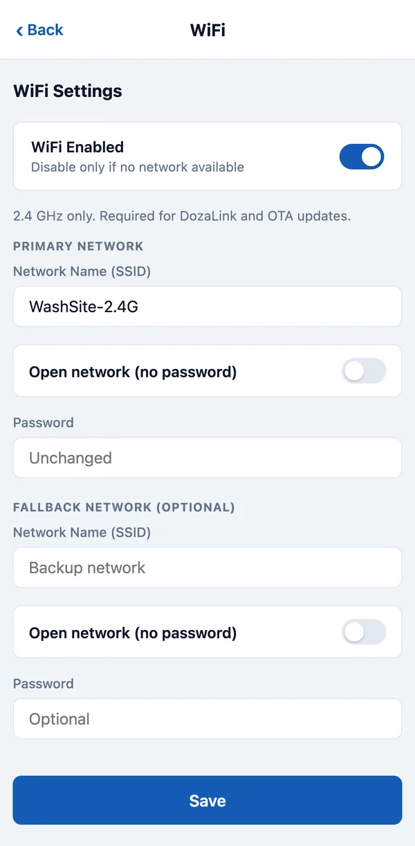 The WiFi page with WiFi Enabled on, the site network name entered under Primary Network, and the Save button.